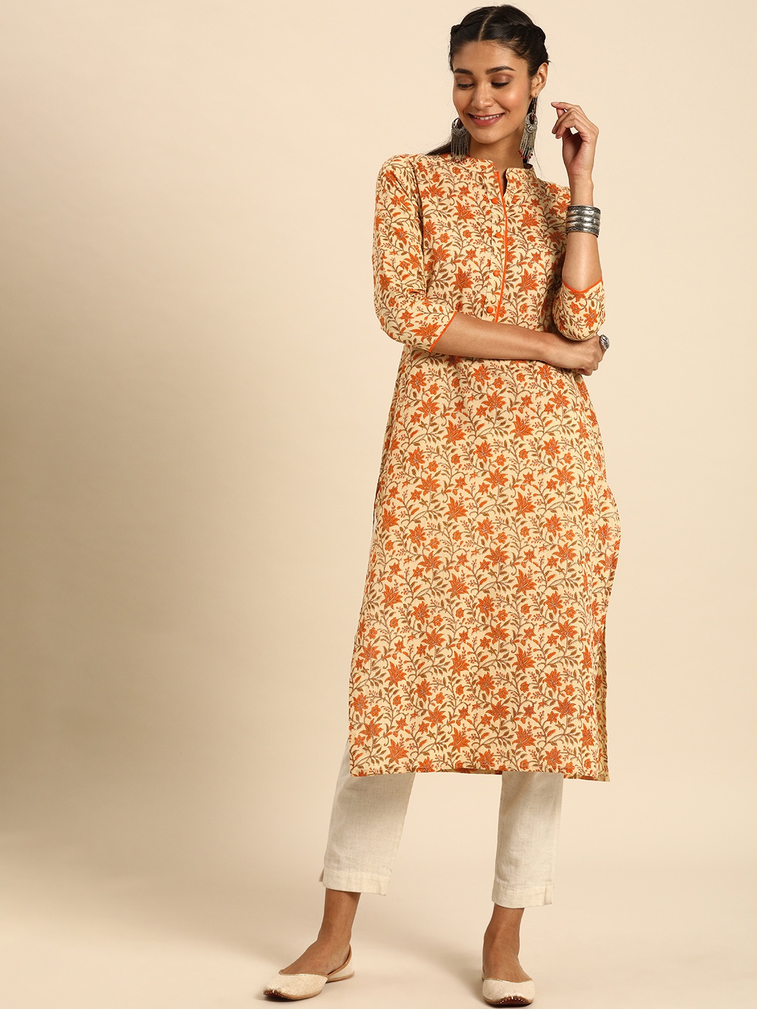 

Rajnandini Women Beige & Orange Ethnic Motifs Printed Mandarin Collar Kurta