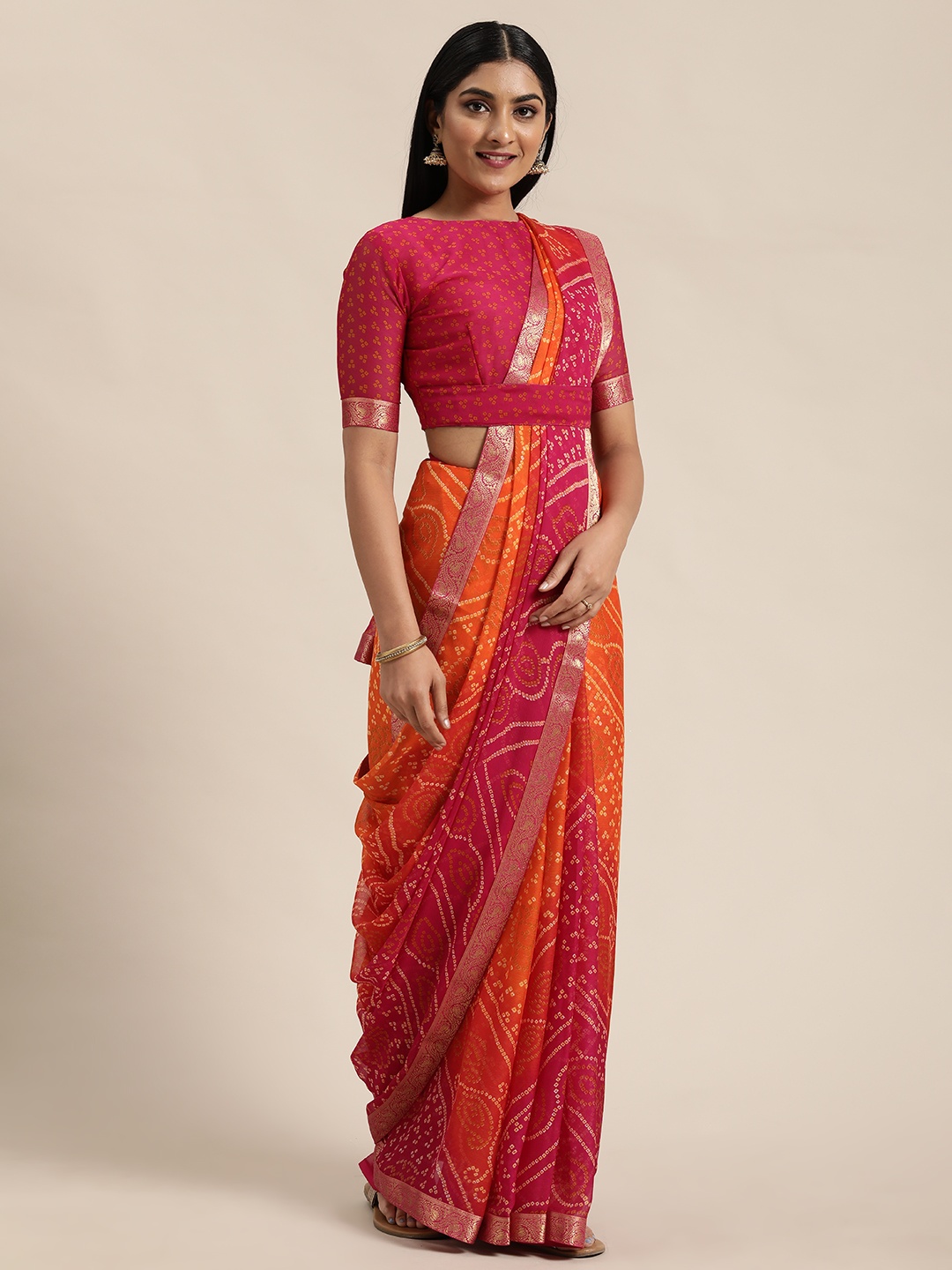 

Satrani Orange & Magenta Pink Pure Chiffon Printed Bandhani Saree