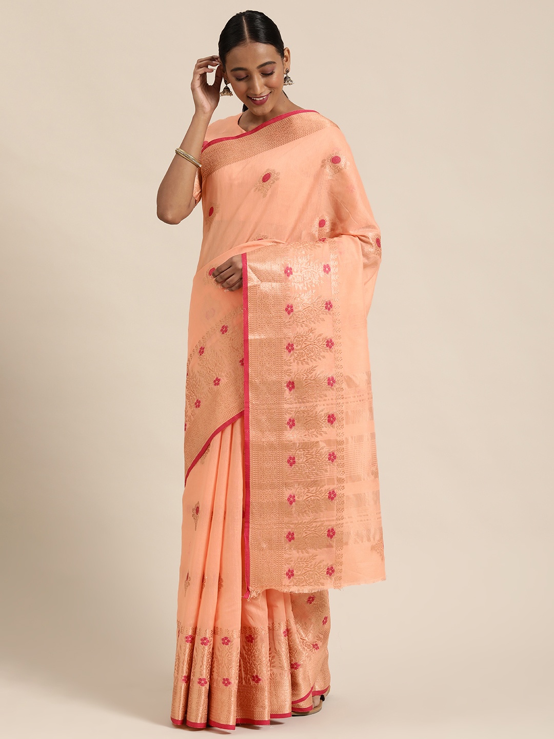 

Satrani Peach-Coloured & Golden Pure Cotton Woven Design Saree