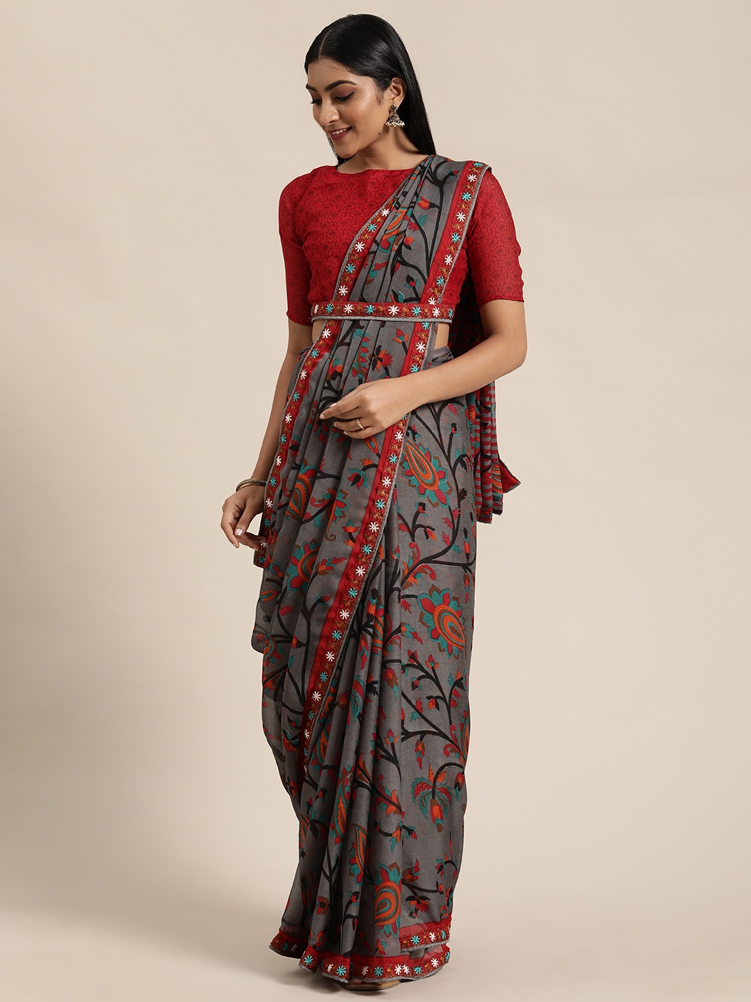 

Satrani Grey & Red Floral Printed Celebrity Saree