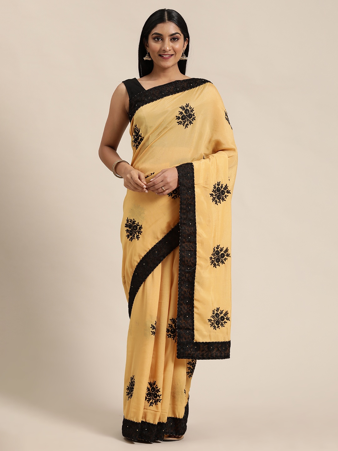 

Satrani Beige & Black Embroidered Celebrity Saree