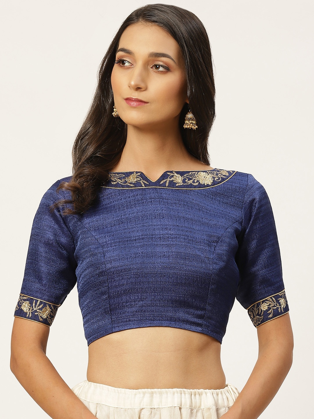 

Studio Shringaar Women Navy Blue & Golden Solid Blouse With Embroidered Detail