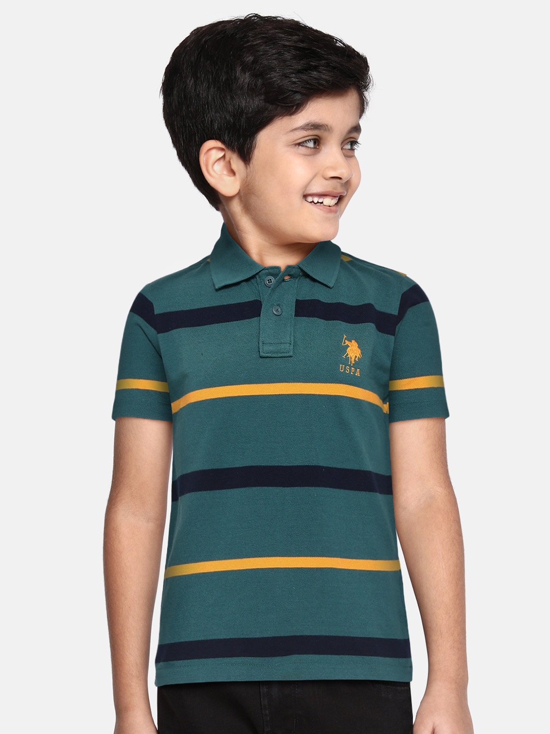 

U.S. Polo Assn. Kids Boys Green Striped Polo Collar T-shirt