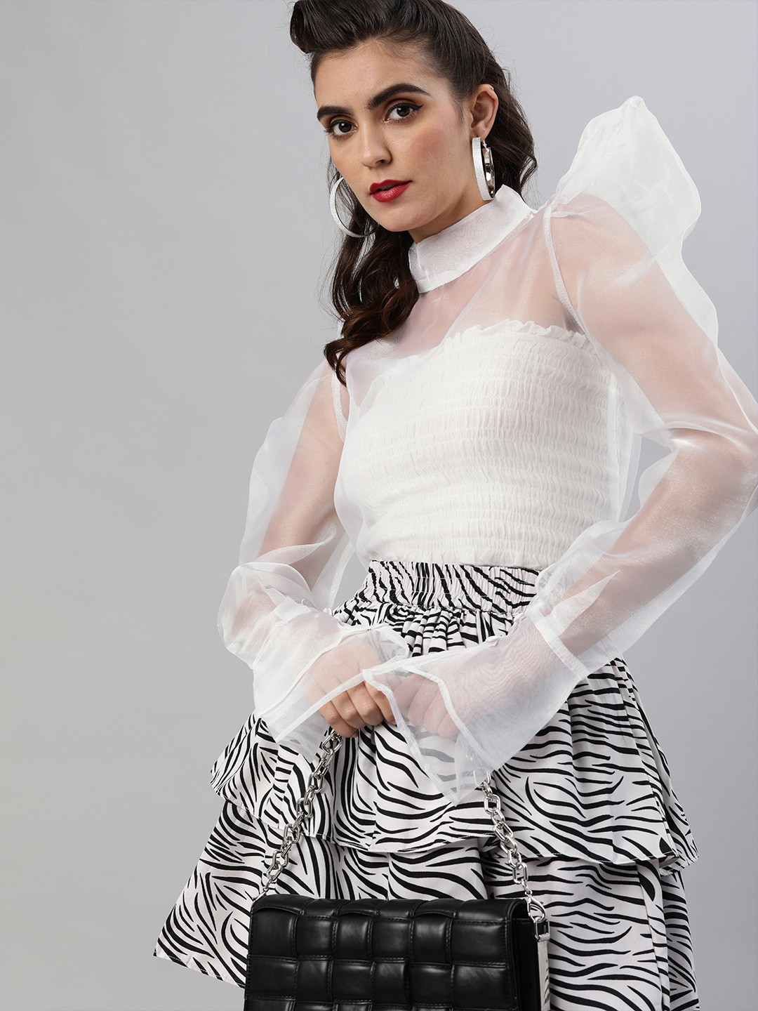 

SCORPIUS Women White Sheer Organza Power Shoulder Top