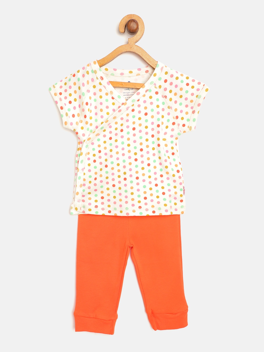 

candy cot Infant Kids White & Orange Polka-Dot Print Organic Cotton Top & Solid Joggers