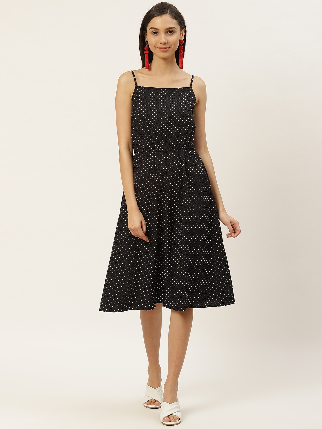 

RIVI Women Black & White Polka Dots Printed A-Line Dress