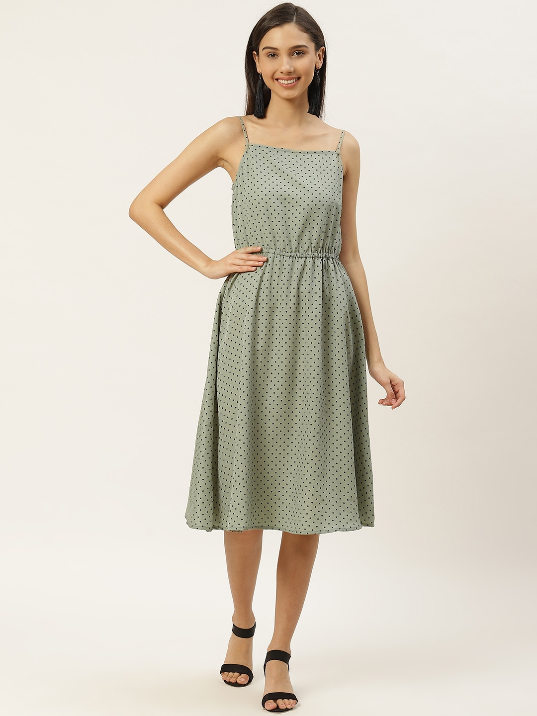 

RIVI Women Green & Black Polka Dots Printed A-Line Dress