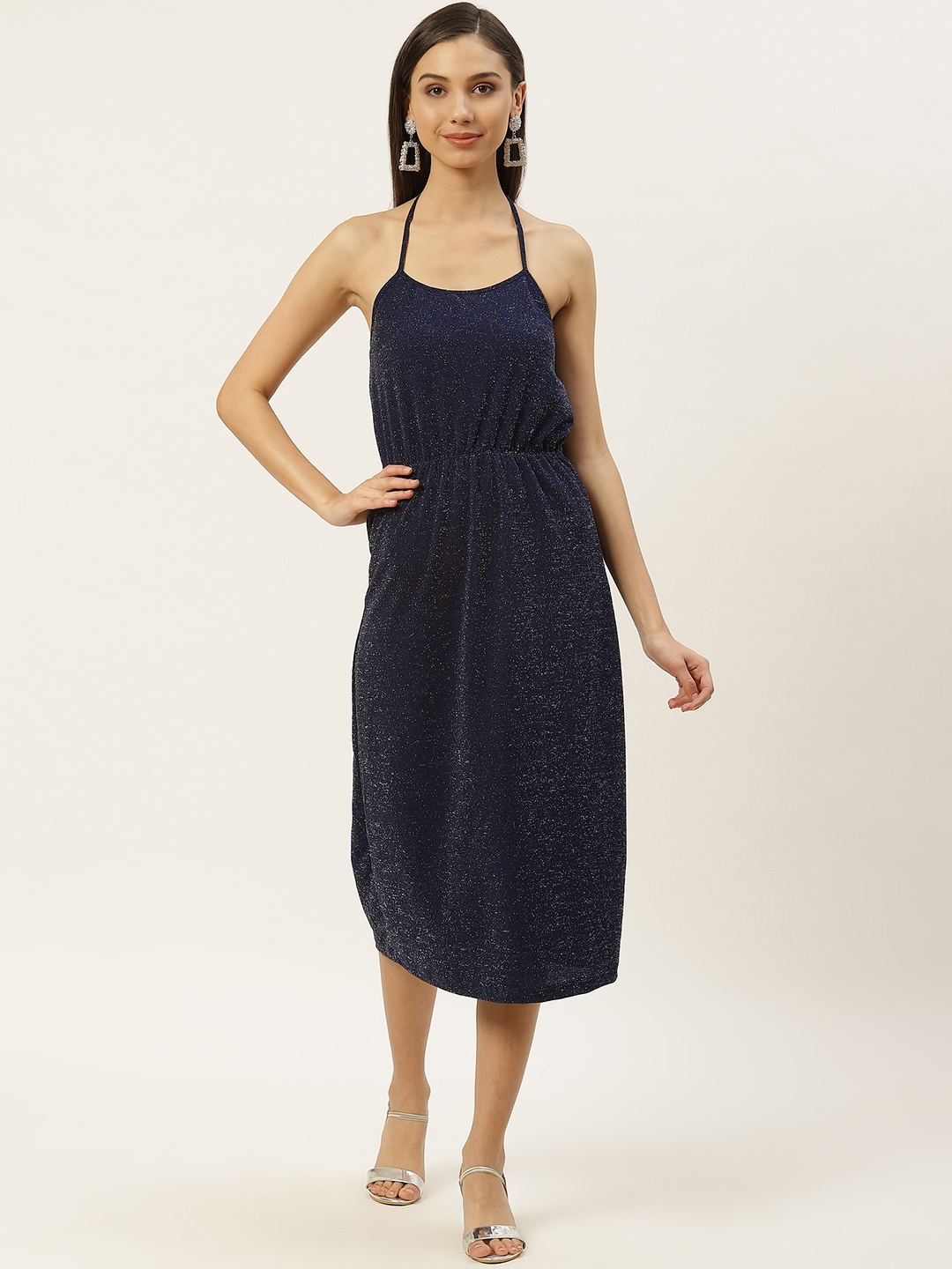 

RIVI Women Navy Blue Shimmery Halter Neck A-Line Dress