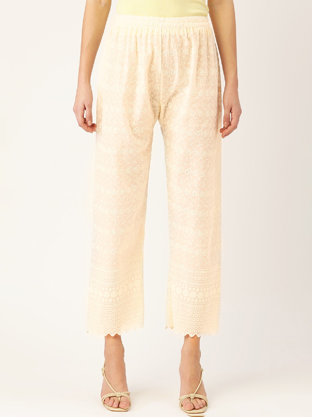 

Vastraa Fusion Women Chikankari Embroidered Flared Palazzos, Off white