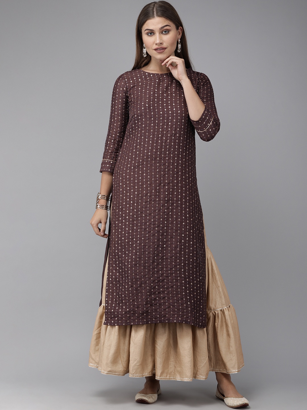 

Indo Era Women Purple & Beige Embroidered Kurta with Sharara