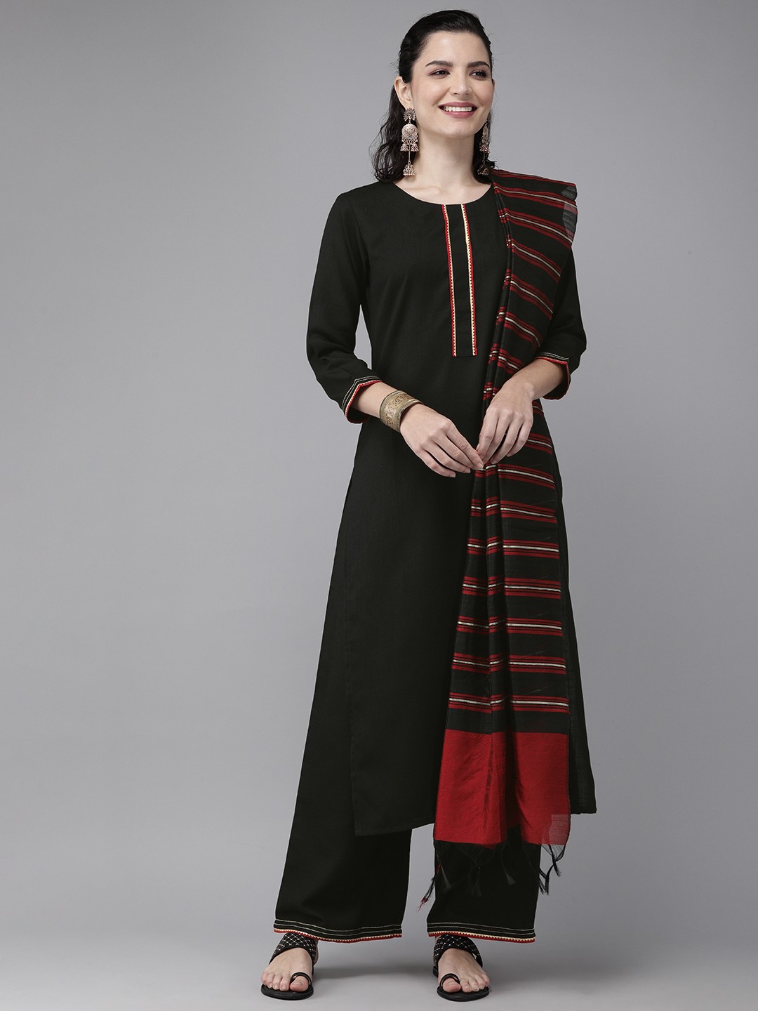 

Indo Era Women Black & Red Solid Kurta with Palazzos & Dupatta