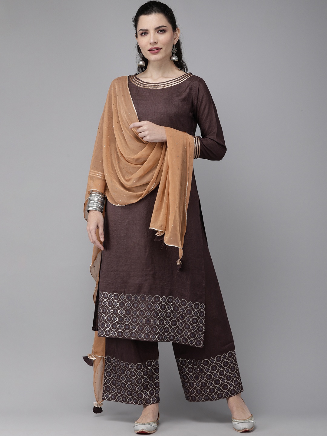 

Indo Era Women Purple & Beige Embroidered Kurta with Palazzos & Dupatta