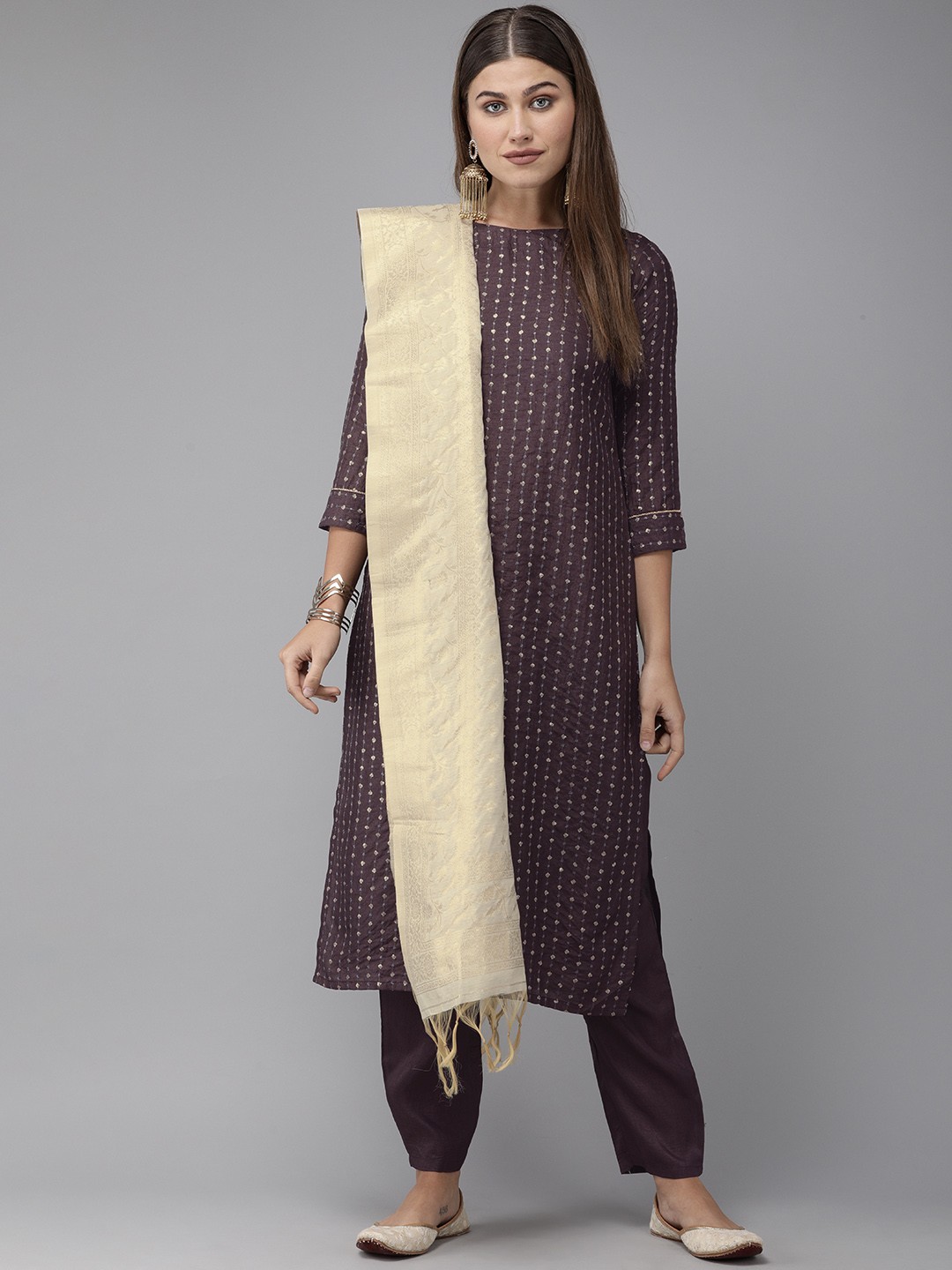 

Indo Era Women Purple & Gold-Toned Embroidered Kurta with Trousers & Dupatta