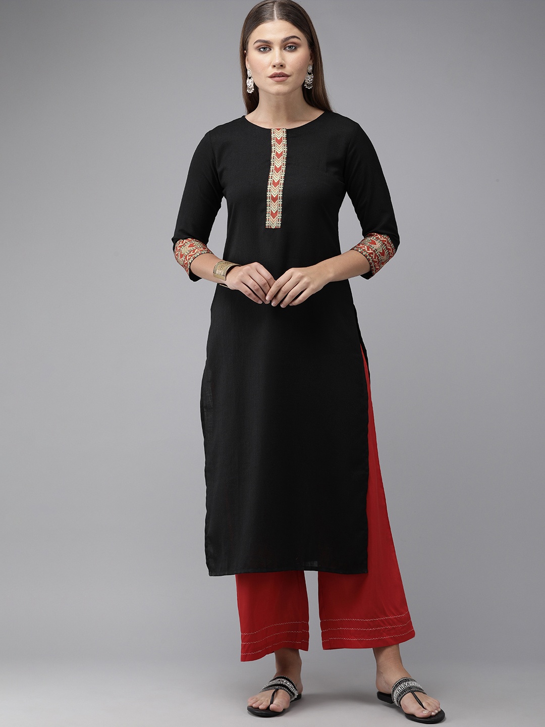 

Indo Era Women Black Pure Cotton Solid Straight Kurta with Woven Design Detail