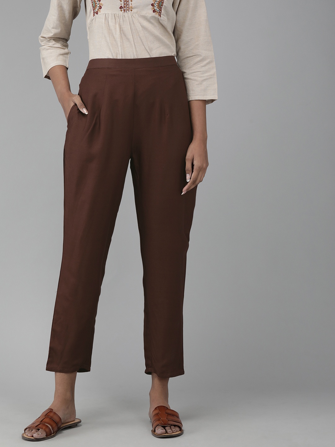 

Indo Era Women Brown Solid Straight Cropped Palazzos