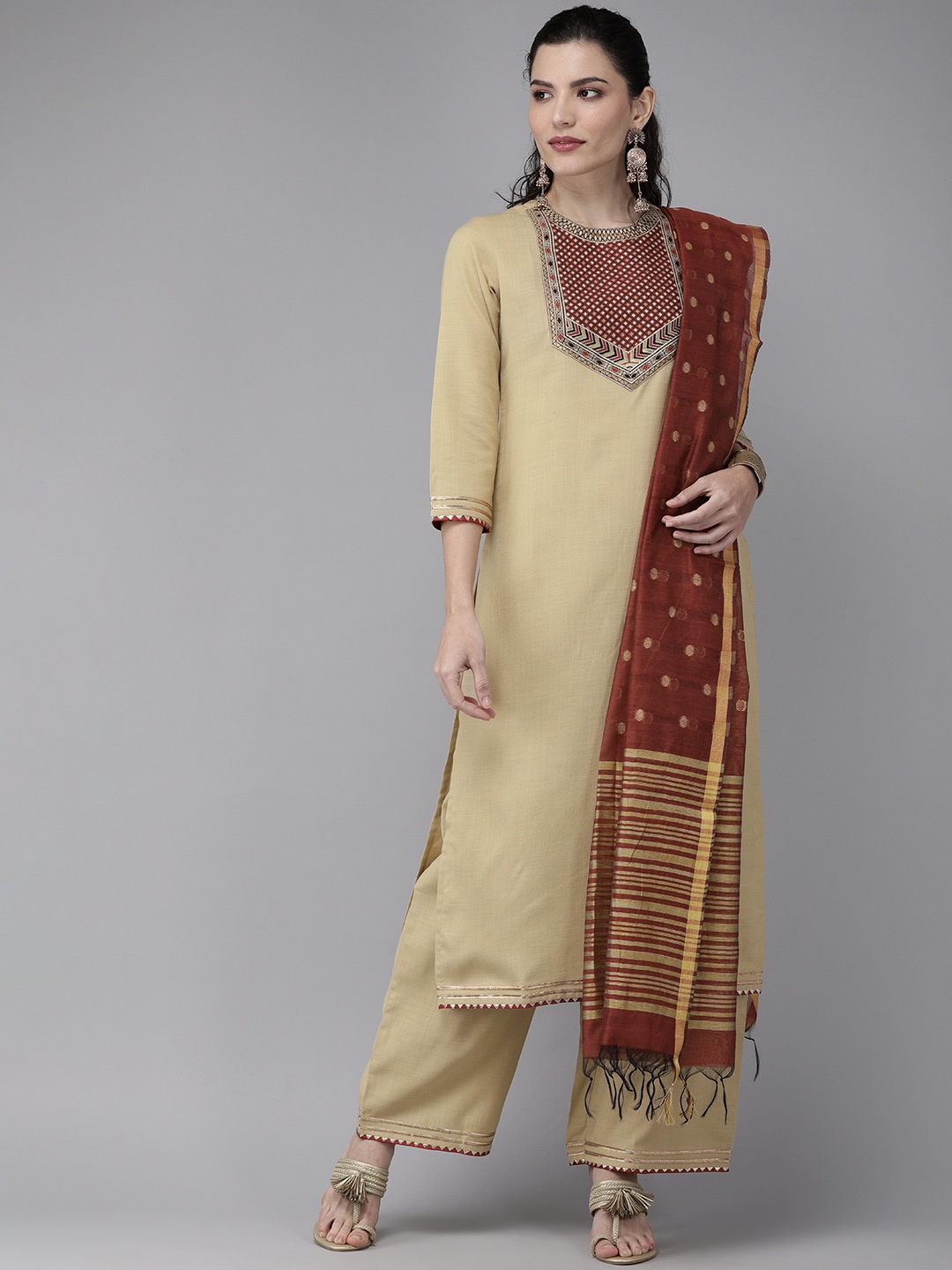 

Indo Era Women Beige & Maroon Yoke Design Kurta with Palazzos & Dupatta