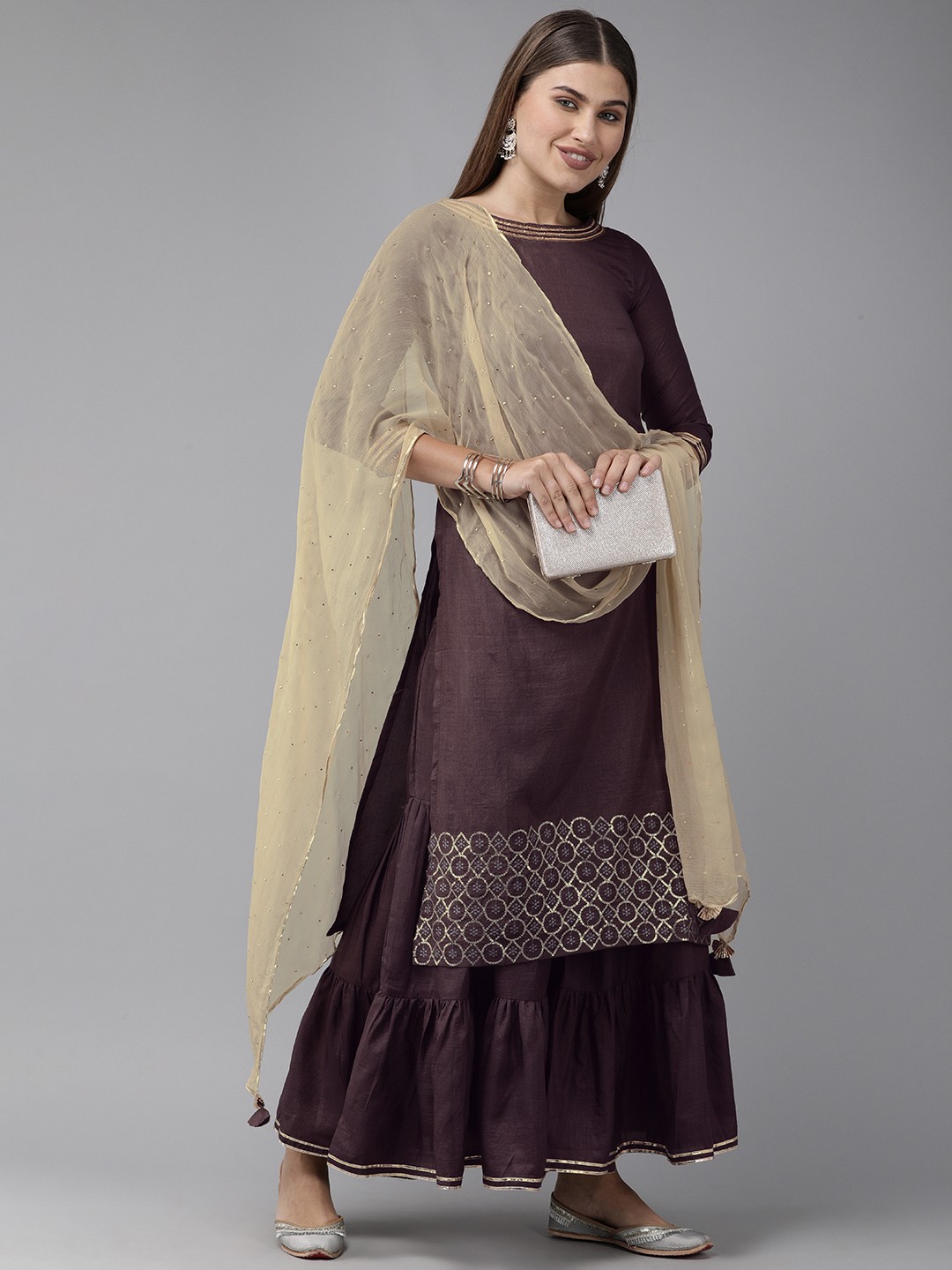 

Indo Era Women Purple & Beige Embroidered Kurta with Sharara & Dupatta