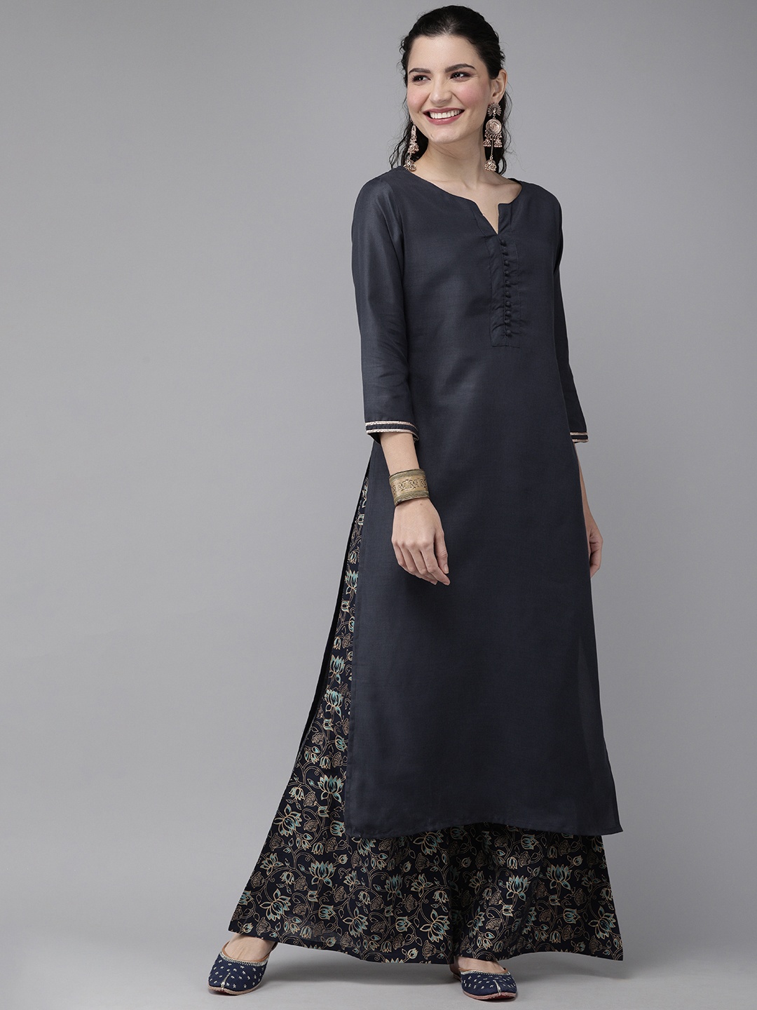 

Indo Era Women Navy Blue Kurta With Zari Detailing