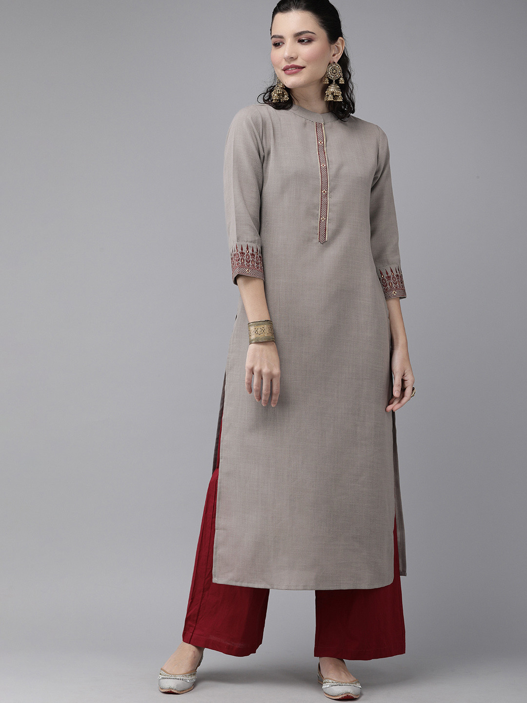 

Indo Era Women Grey Embroidered Pure Cotton Kurta