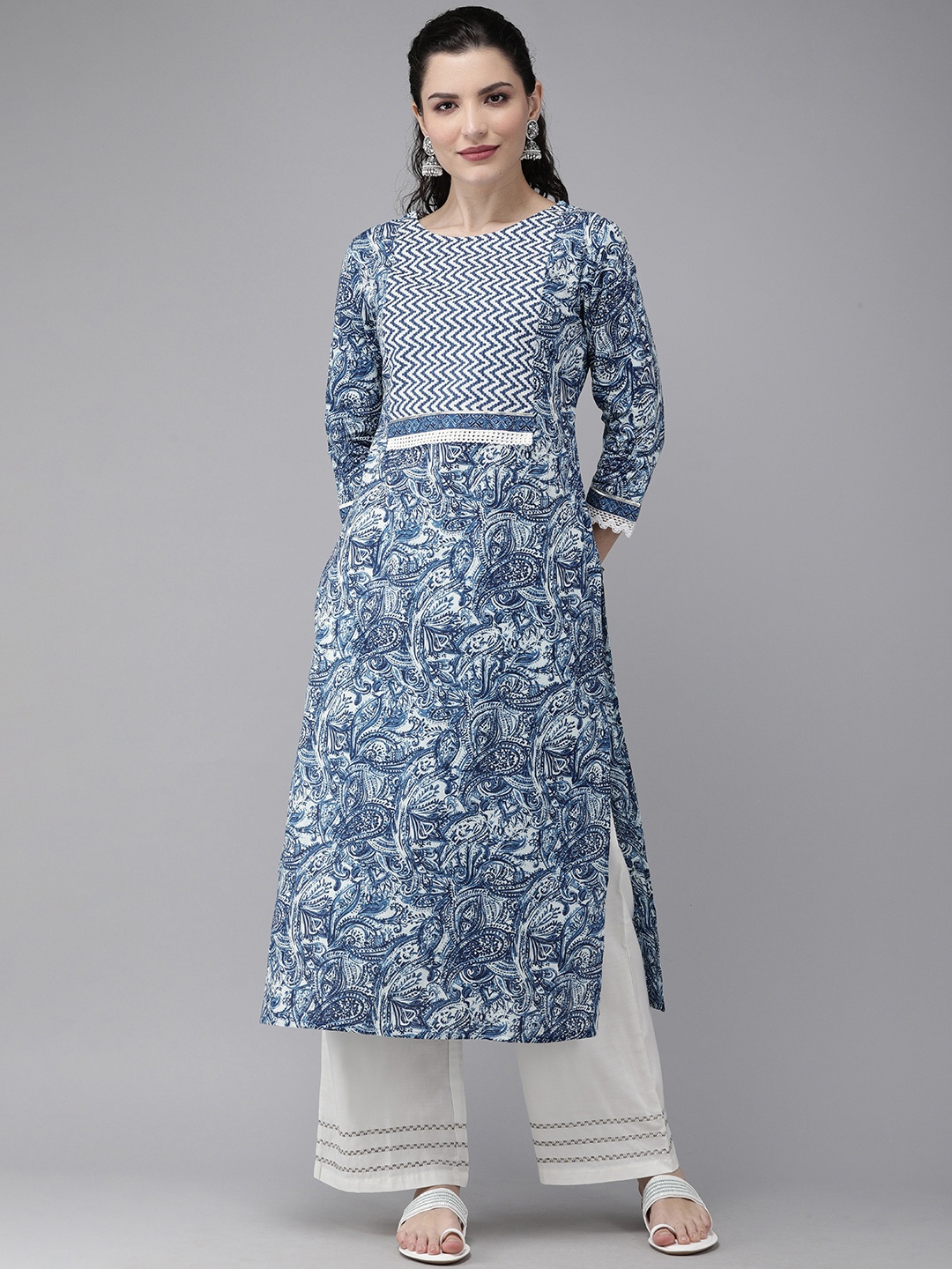 

Indo Era Women Blue Ethnic Motifs Printed Patchwork Indigo Pure Cotton Kurta