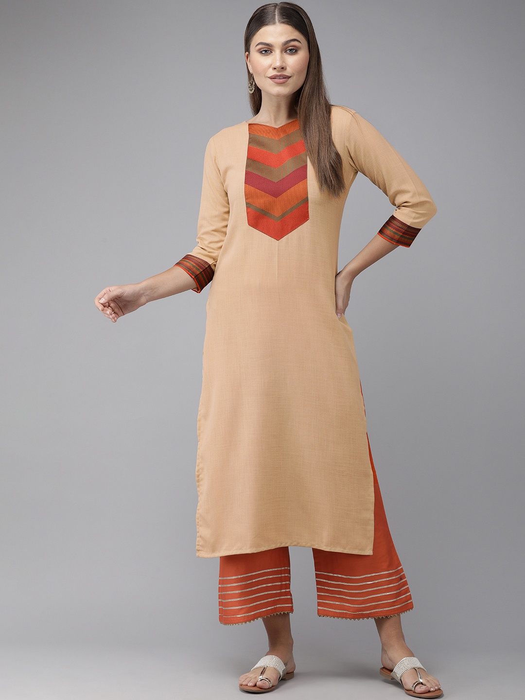 

Indo Era Women Beige & Orange Pure Cotton Yoke Design Straight Kurta