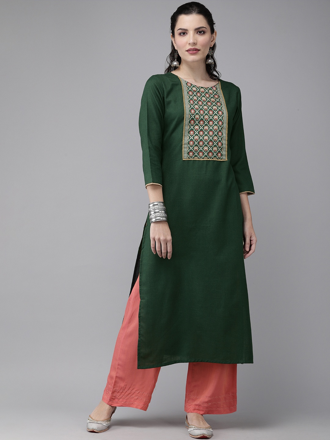 

Indo Era Women Green & Gold-toned Ethnic Motifs Yoke Design Kurta