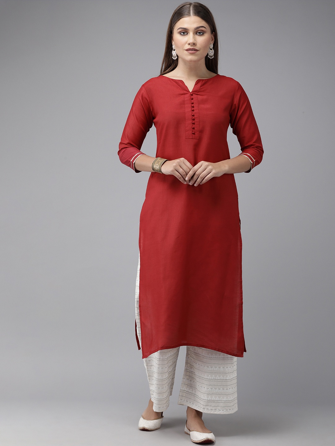 

Indo Era Women Maroon Pure Silk Solid Straight Kurta