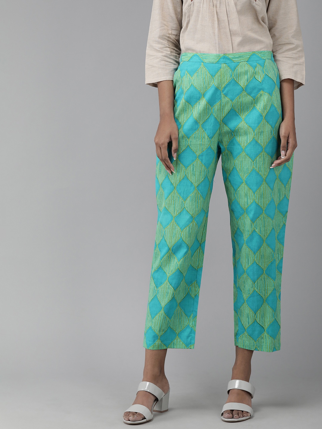 

Indo Era Women Green & Turquoise Blue Printed Straight Cropped Palazzos