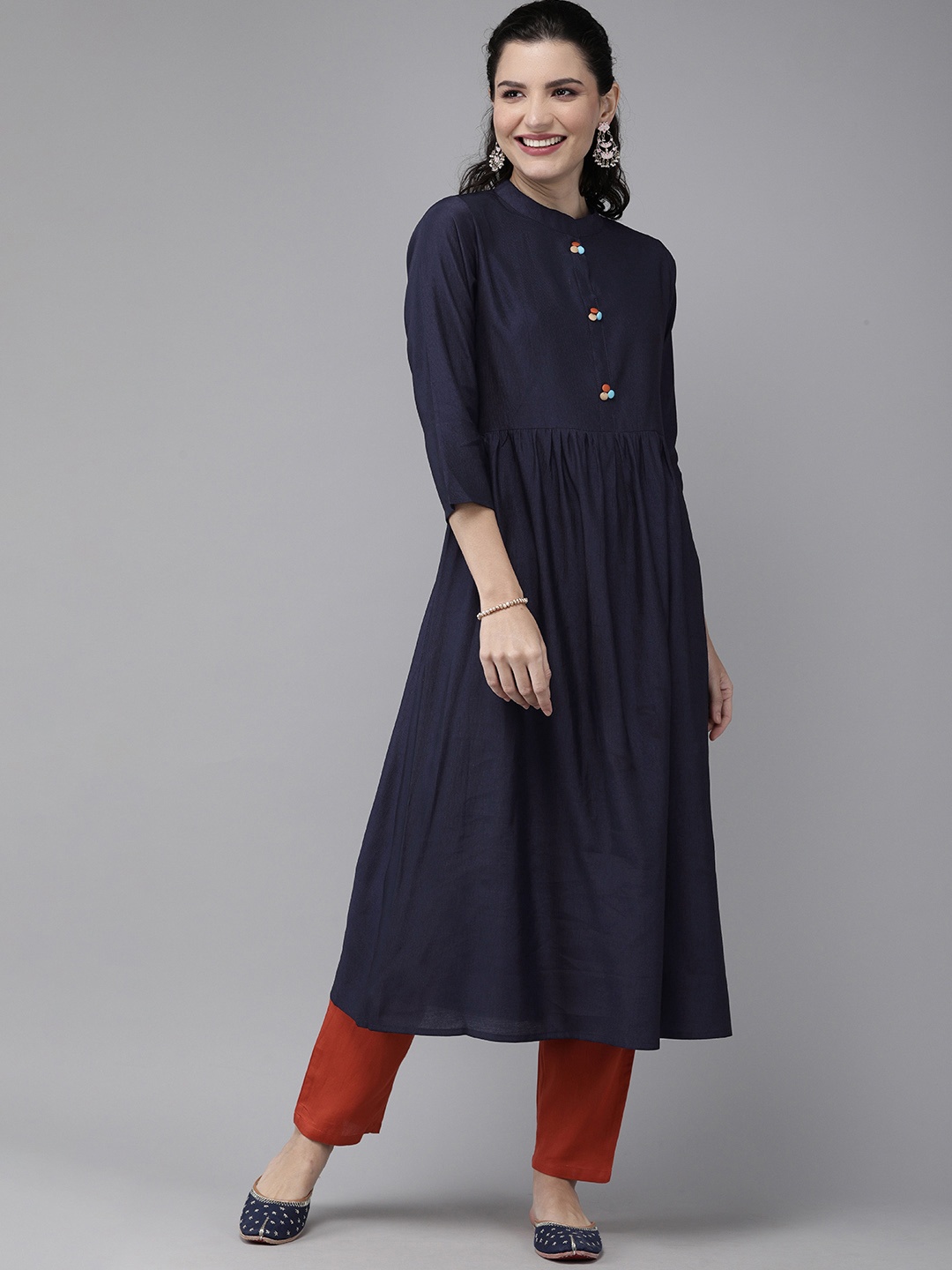

Indo Era Navy Blue Solid A-line Pure Cotton Kurta