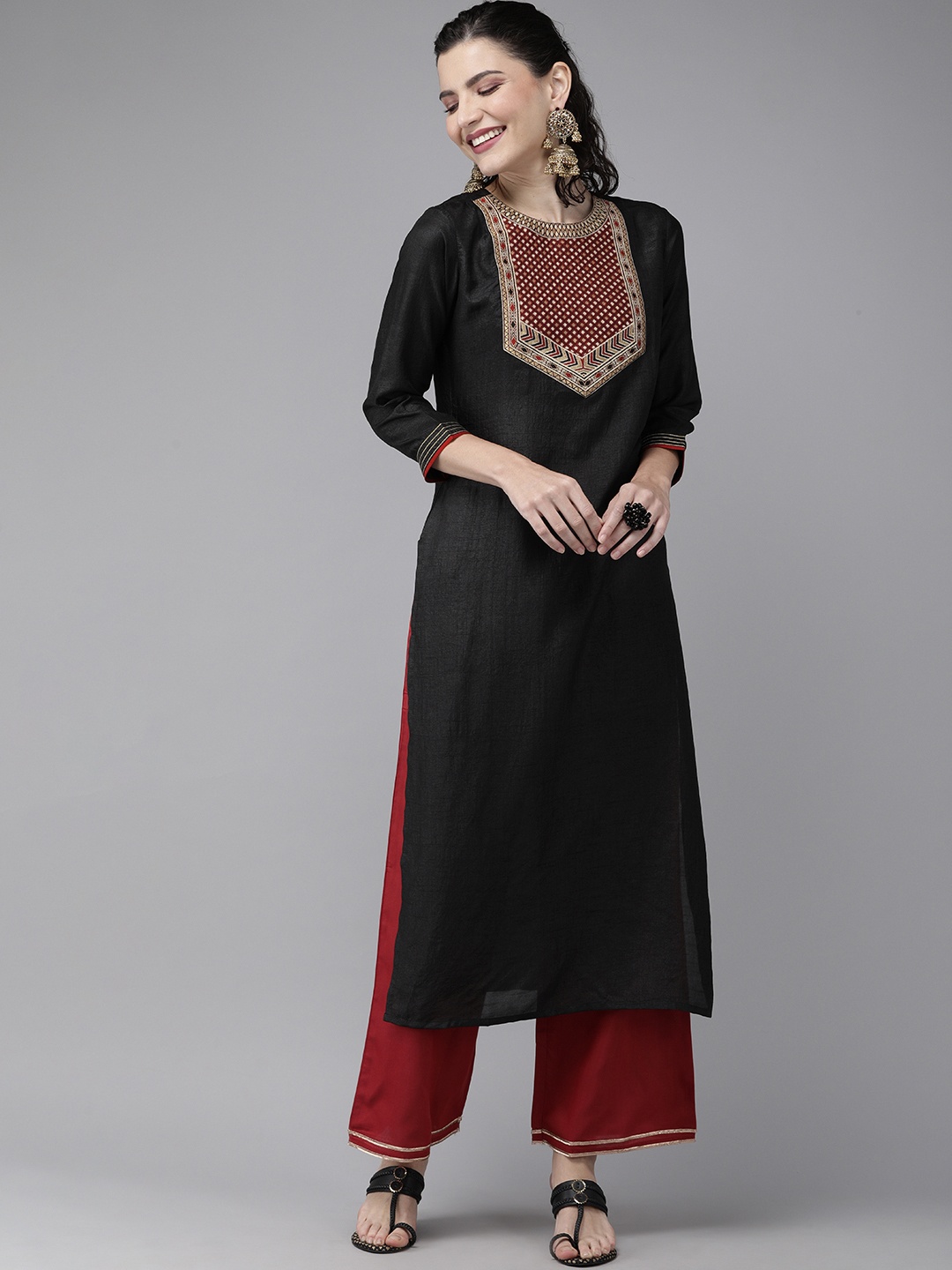 

Indo Era Women Black & Maroon Yoke Design Liva Straight Kurta
