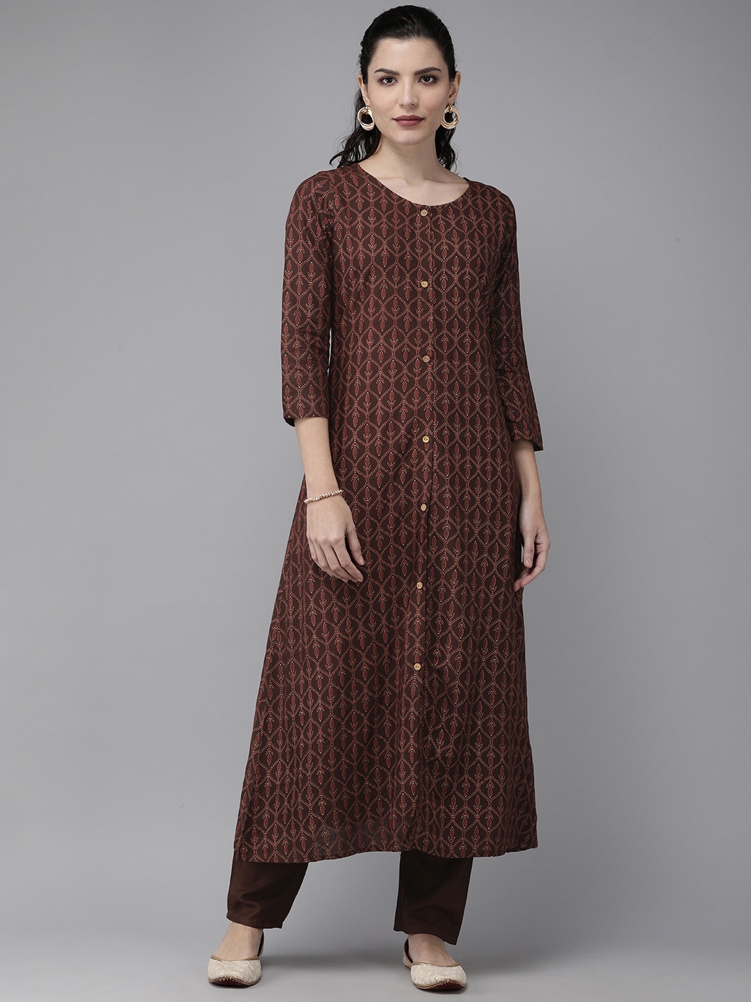 

Indo Era Women Brown & Gold-Toned Printed Kurta with Trousers