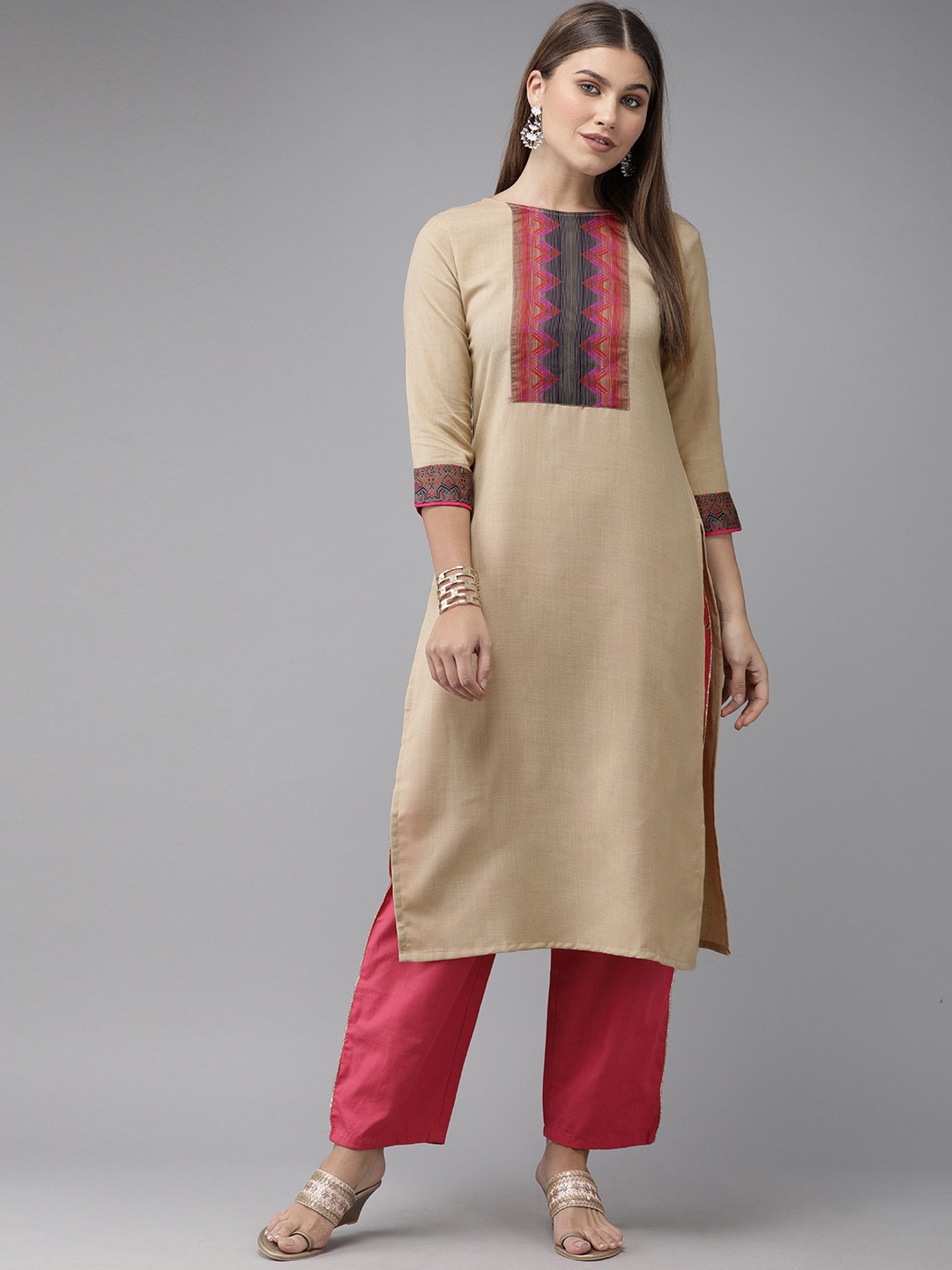 

Indo Era Women Beige Yoke Design Kurta