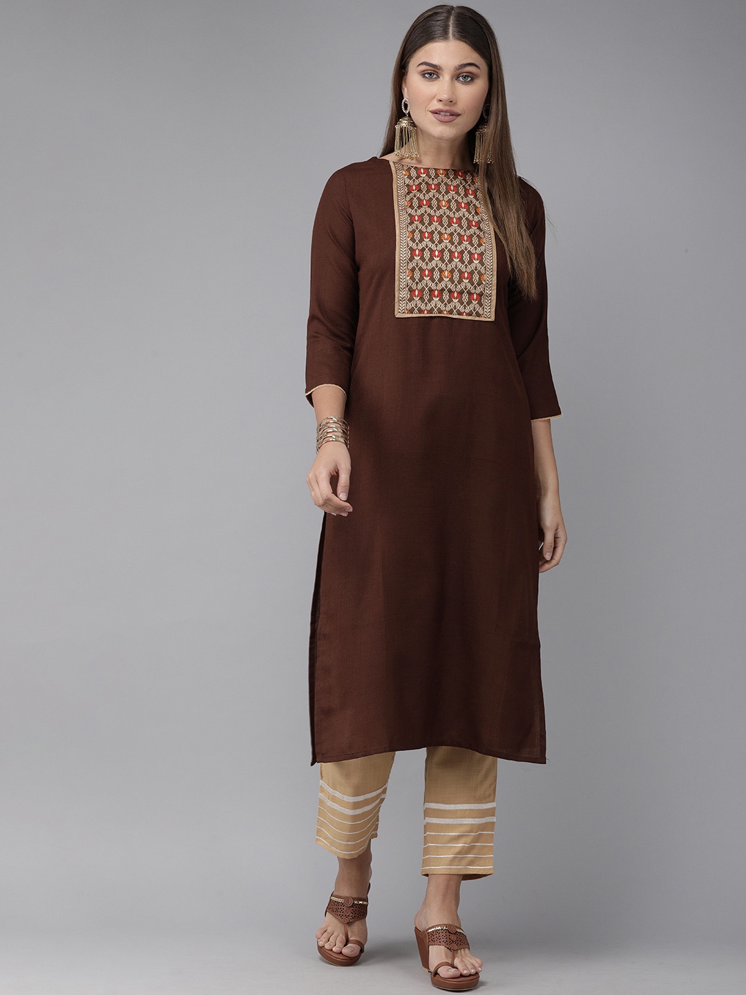 

Indo Era Women Brown Ethnic Motifs Yoke Design Patchwork Pure Cotton Kurta