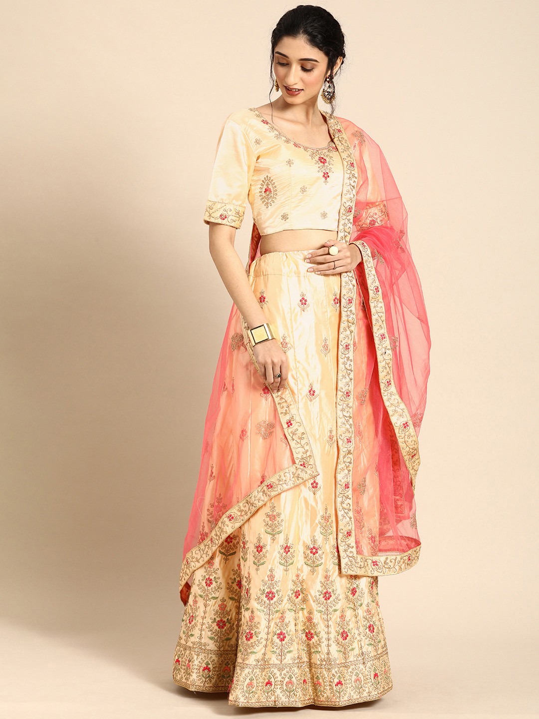 

Shaily Cream-Coloured & Pink Embroidered Semi-Stitched Lehenga & Unstitched Blouse with Dupatta