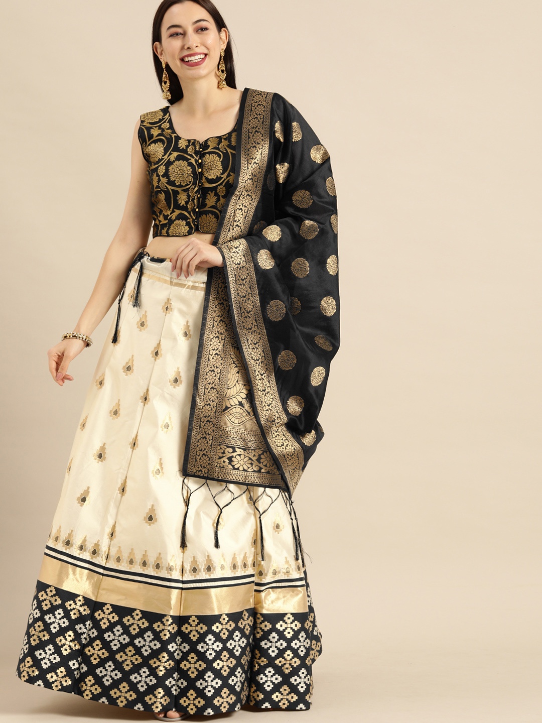 

Shaily Cream-Coloured & Black Woven Design Semi-Stitched Lehenga & Ready to Wear Blouse with Dupatta