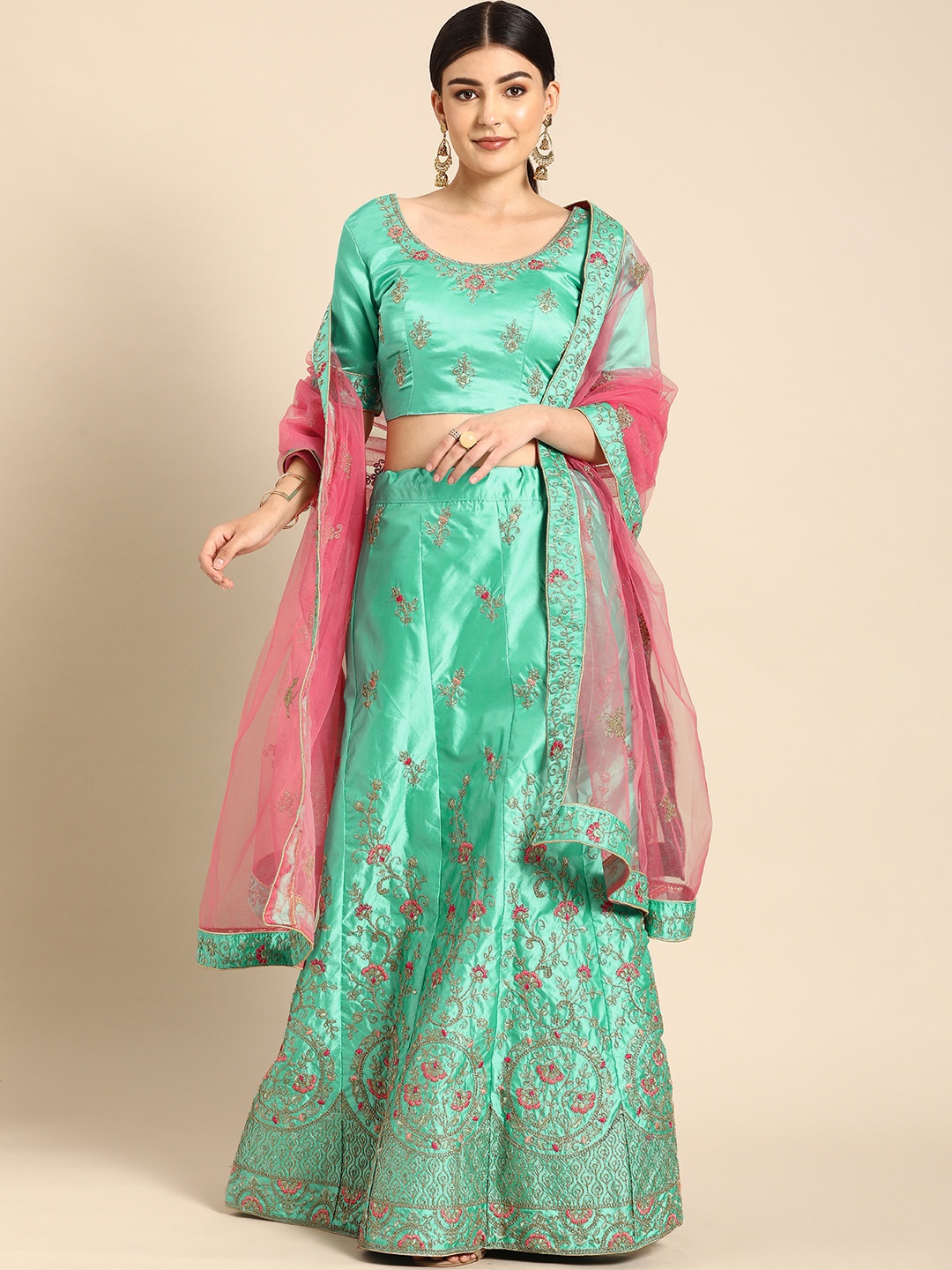 

Shaily Sea Green & Pink Embroidered Semi-Stitched Lehenga & Unstitched Blouse with Dupatta