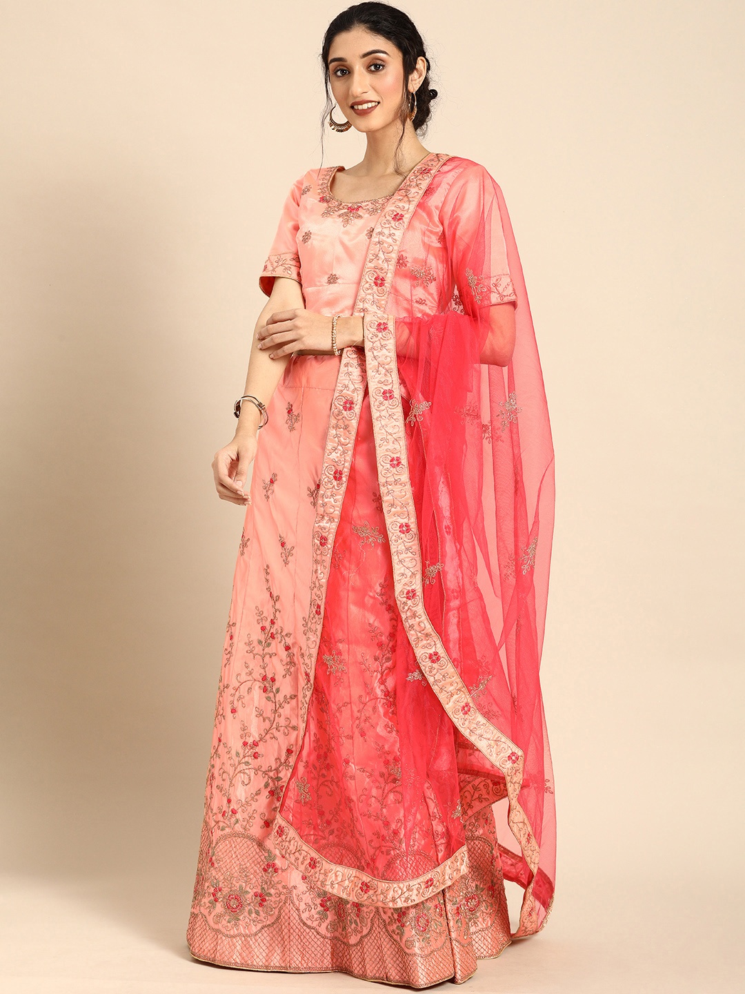 

Shaily Peach-Coloured Semi-Stitched Lehenga & Blouse with Dupatta