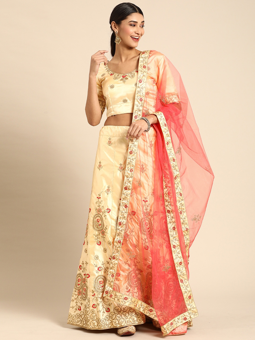 

Shaily Cream-Coloured & Golden Semi-Stitched Lehenga & Unstitched Blouse with Dupatta