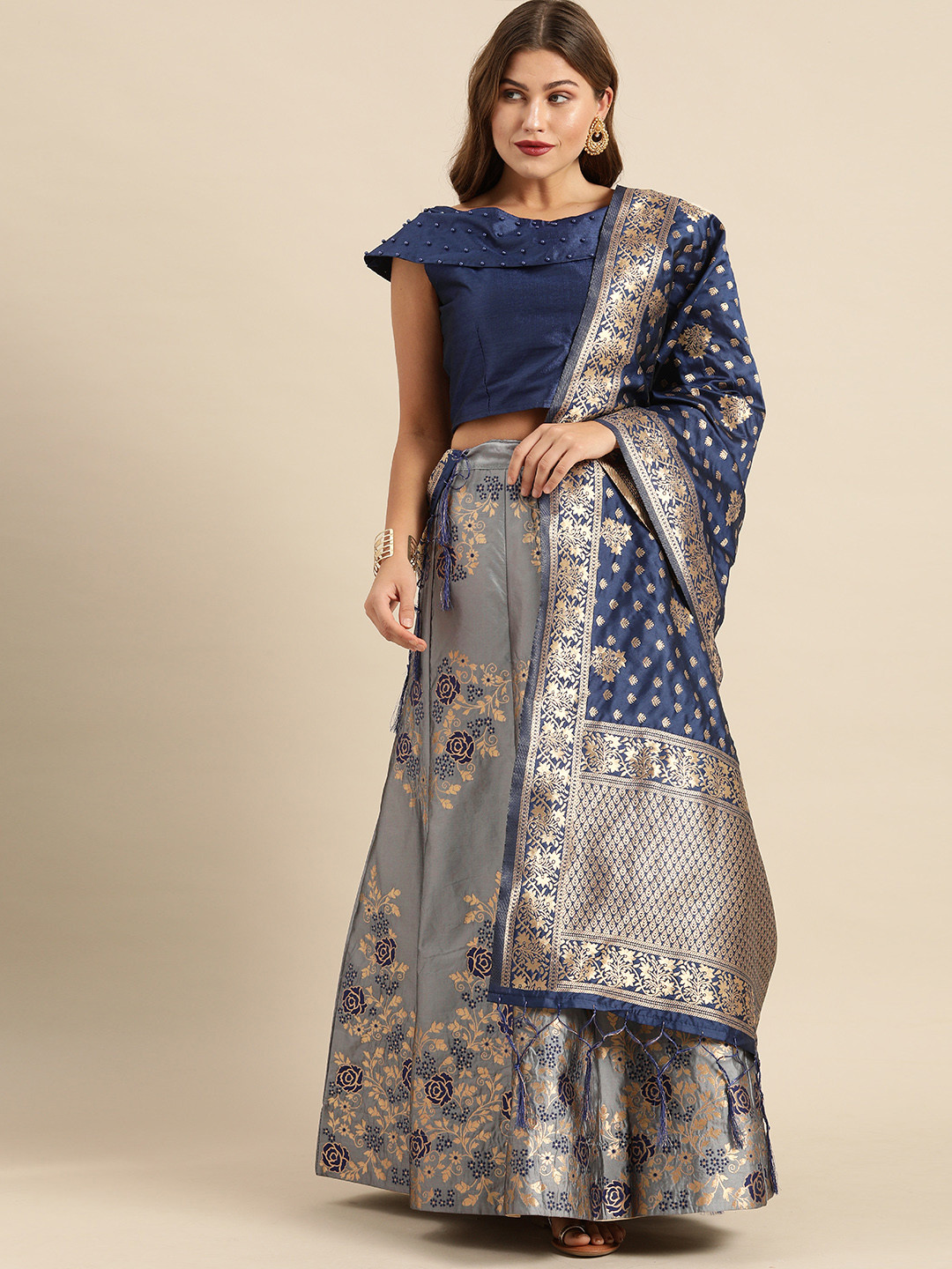 

Shaily Grey & Navy Blue Woven Unstitched Lehenga & Semi-Stitched Blouse with Dupatta