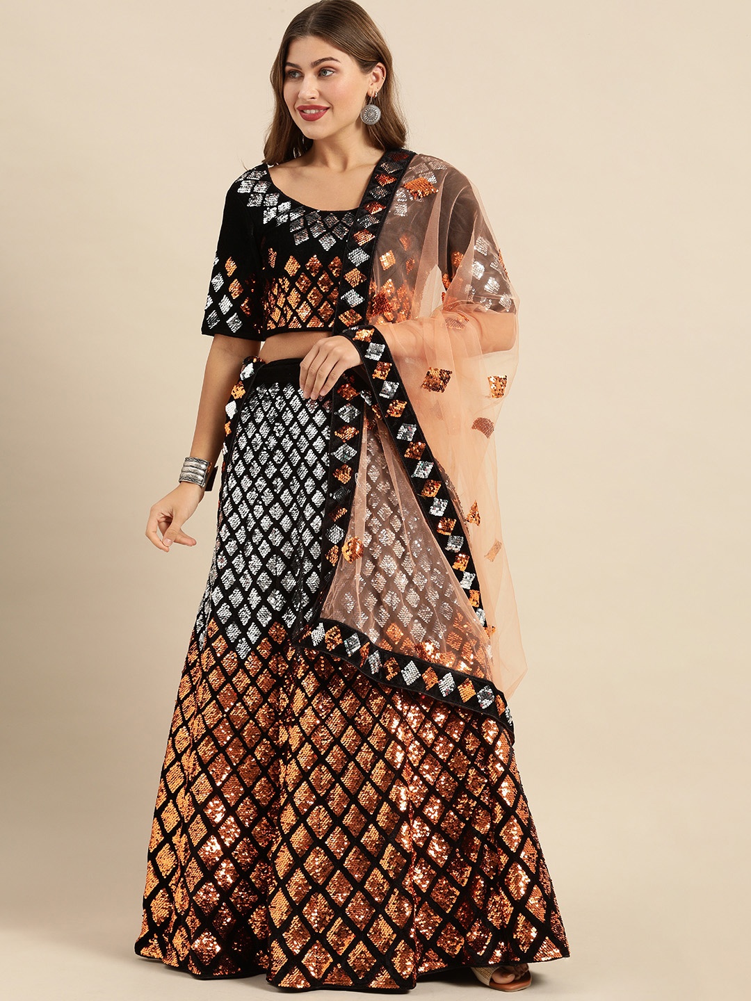 

Shaily Black & Gold-Toned Embellished Semi-Stitched Lehenga & Unstitched Blouse with Dupatta