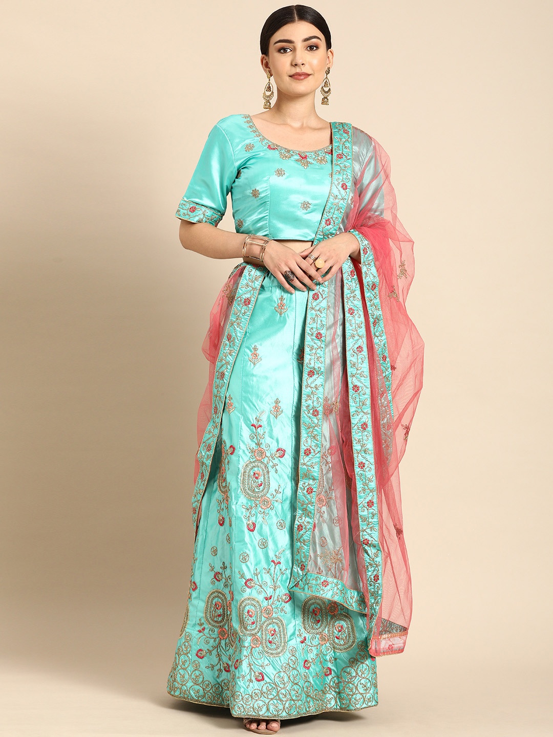 

Shaily Sea Green & Pink Embroidered Semi-Stitched Lehenga & Unstitched Blouse with Dupatta