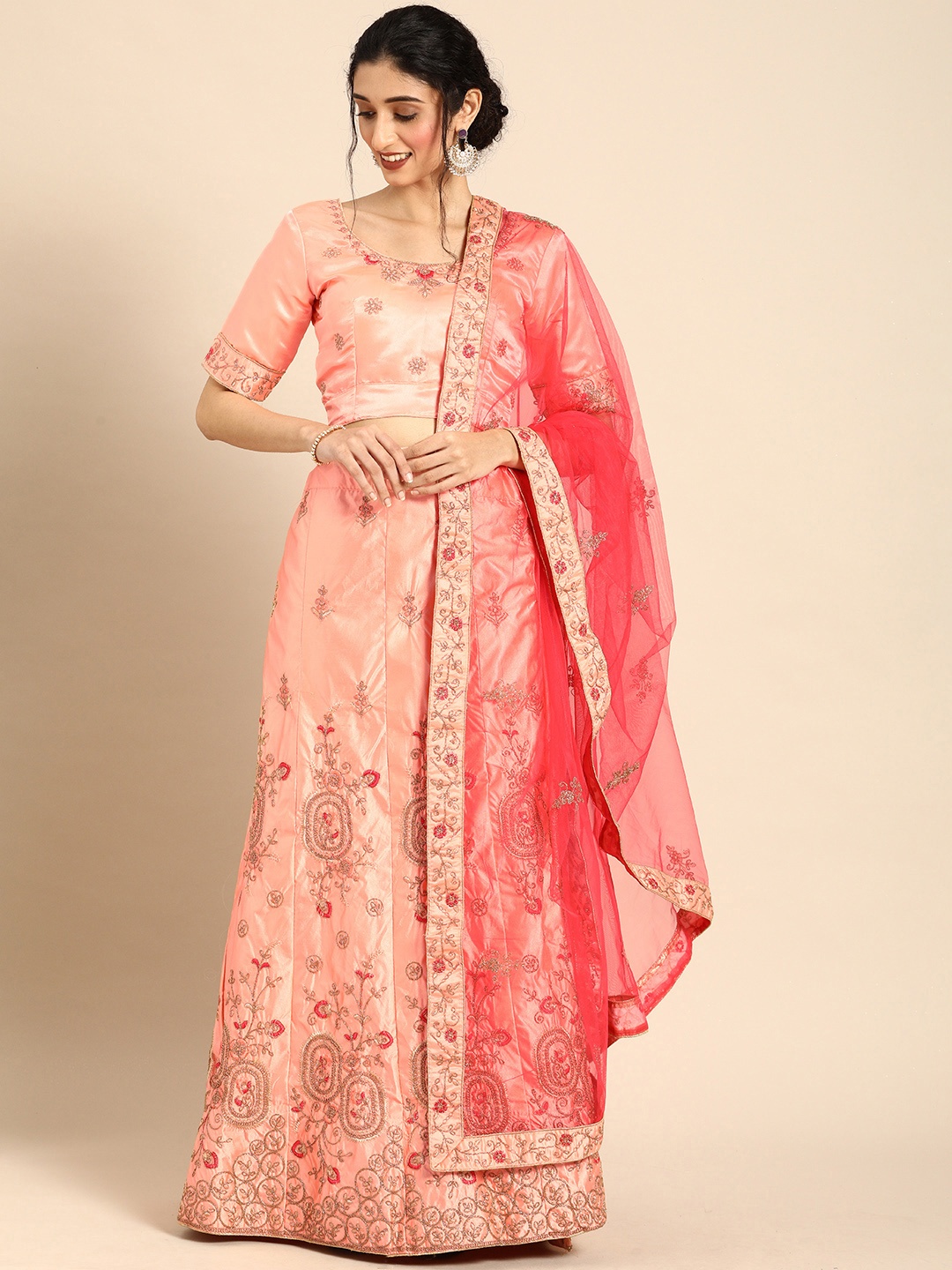 

Shaily Peach-Coloured Semi-Stitched Lehenga & Blouse with Dupatta