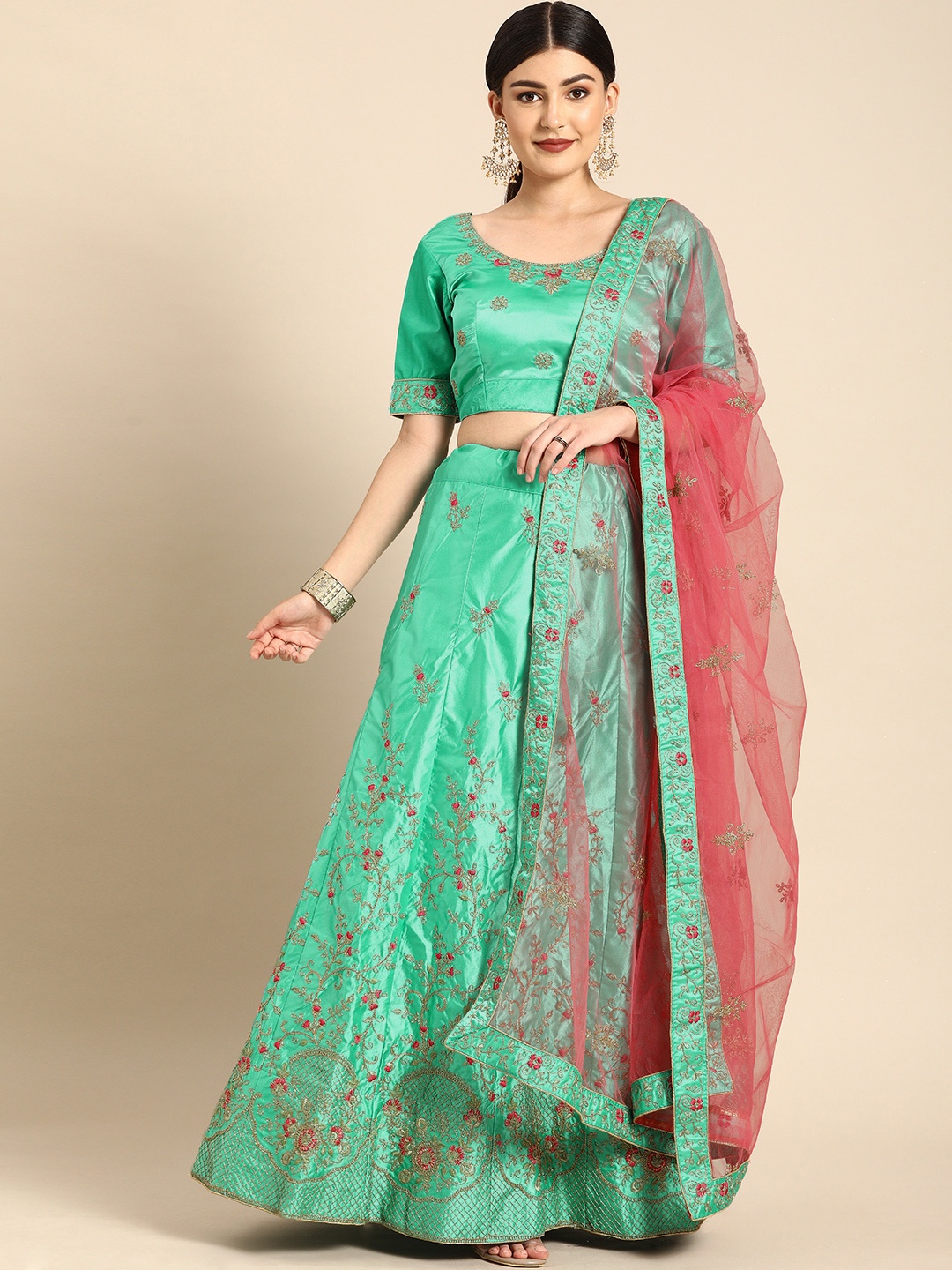 

Shaily Sea Green & Red Embroidered Semi-Stitched Lehenga & Unstitched Blouse with Dupatta