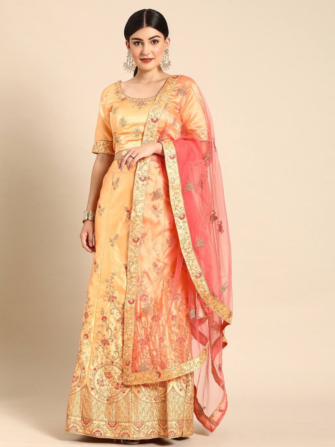 

Shaily Yellow & Peach-Coloured Embroidered Semi-Stitched Lehenga & Unstitched Blouse with Dupatta