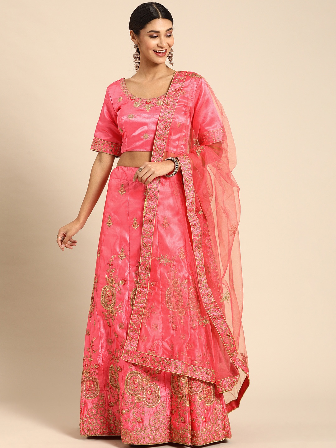 

Shaily Pink & Golden Semi-Stitched Embroidered Lehenga & Blouse with Dupatta