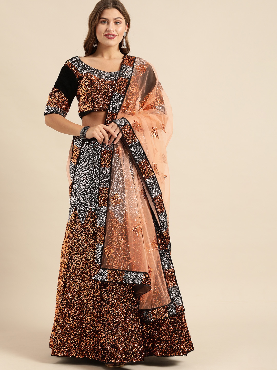 

Shaily Brown & Silver-Toned Embellished Semi-Stitched Lehenga & Unstitched Blouse with Dupatta