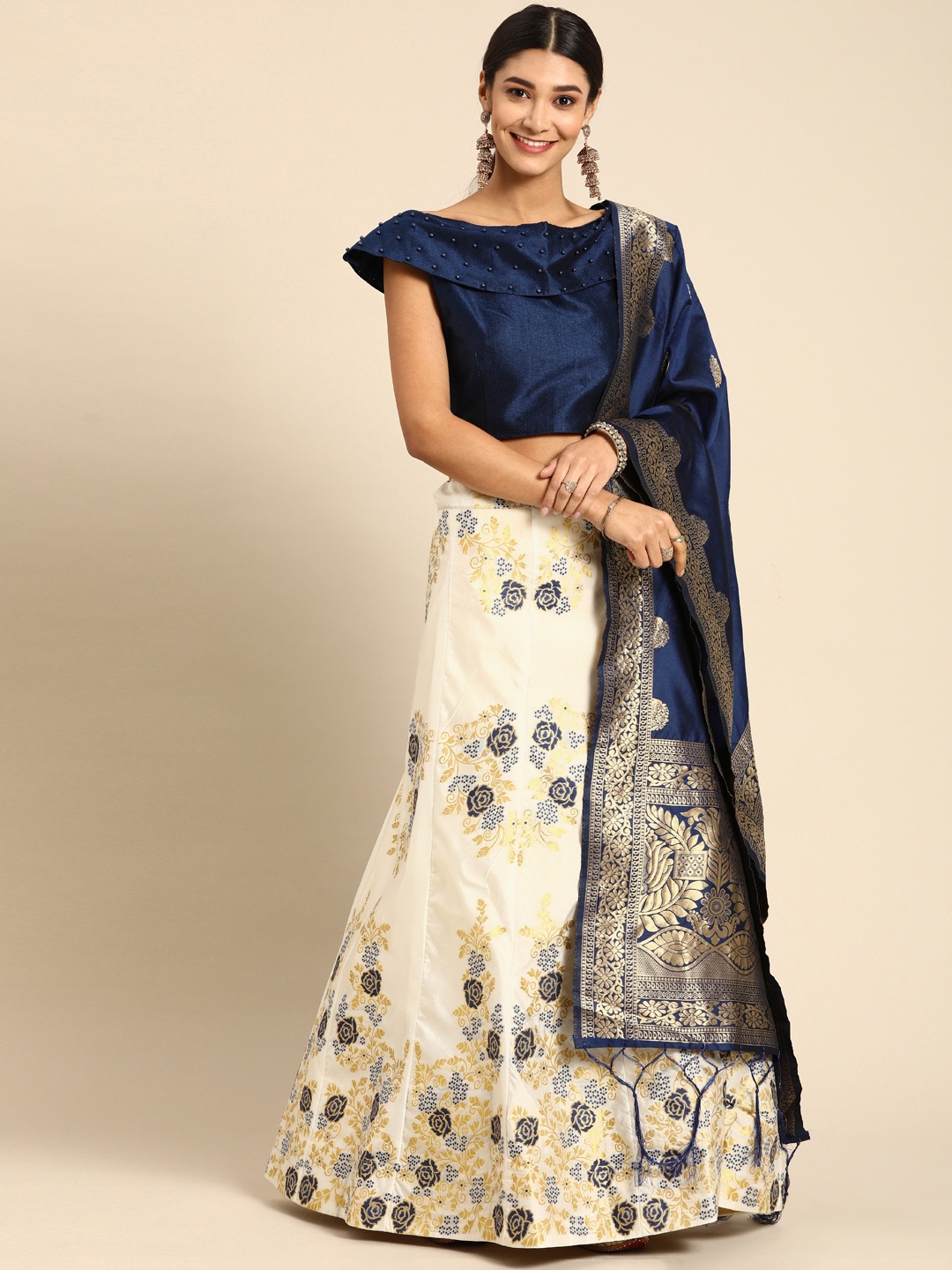 

Shaily White & Navy Blue Embellished Semi-Stitched Lehenga & Unstitched Blouse with Dupatta