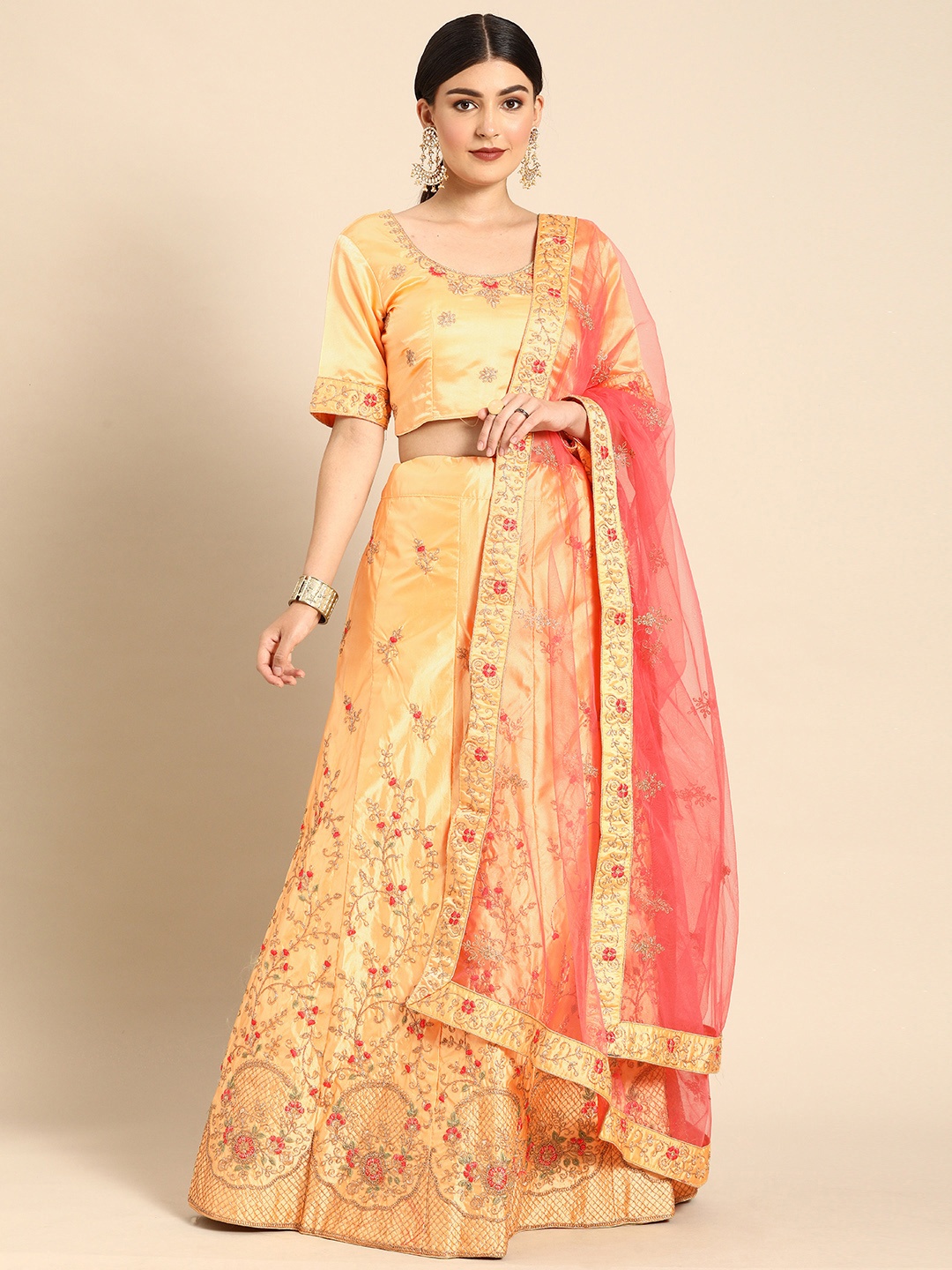 

Shaily Yellow & Peach-Coloured Embroidered Semi-Stitched Lehenga & Unstitched Blouse with Dupatta