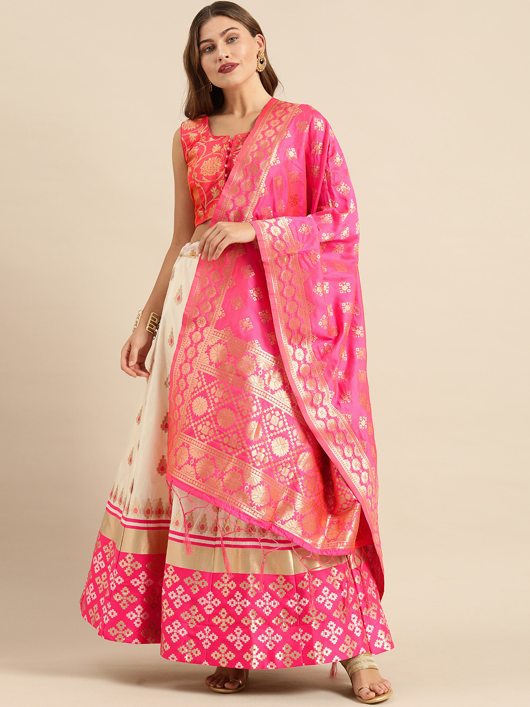 

Shaily Off-White & Pink Woven Design Semi-Stitched Lehenga & Blouse with Dupatta