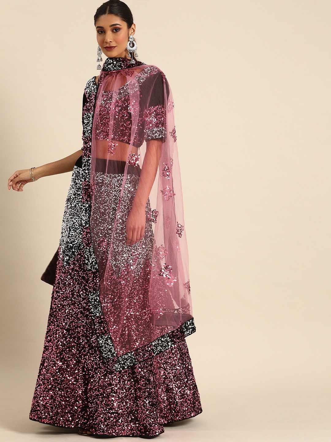 

Shaily Black & Pink Embellished Semi-Stitched Lehenga & Unstitched Blouse with Dupatta